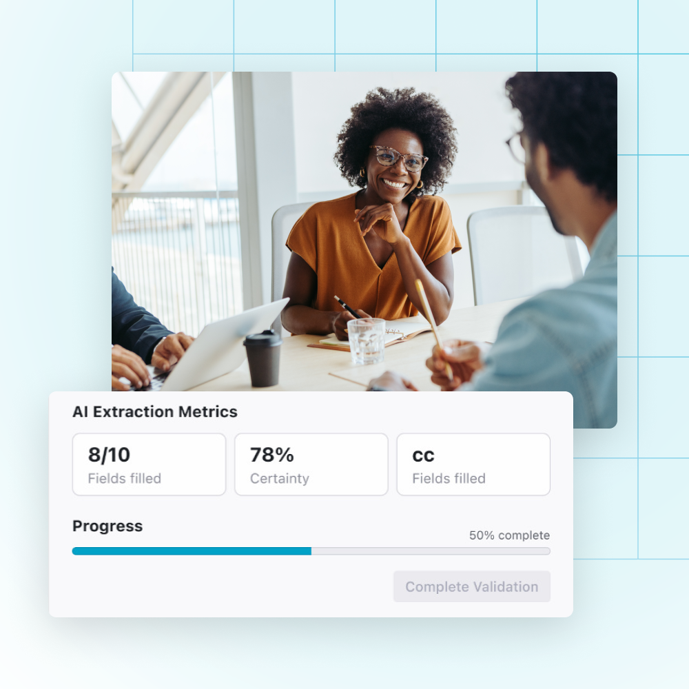 A graphic with a photo of government employees collaborating and a screenshot of an AI solution built by AltaML to support governance and compliance initiatives.